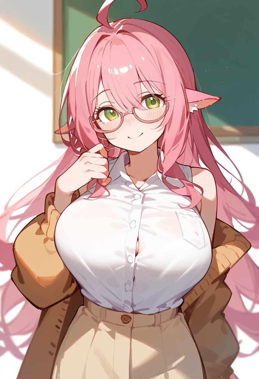 School Swimsuit、One Woman、private teacher、Big Breasts、Pink Hair、Long Hair、Straight Hair、Ahoge、Kind older sister、Pink small glasses、Green Eyes、smile、Droopy eyeature