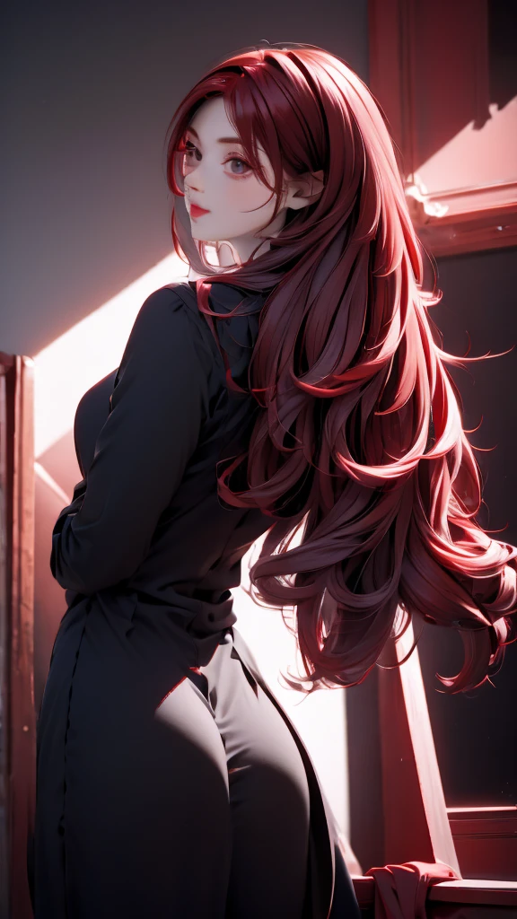 1 Girl, medium light Red hair, light black eyes , wearing black Suit 4D , night city 18+, high res, ultrasharp, 8K, masterpiece, looking from behind