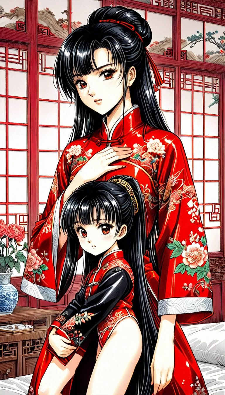 8k Tragic historical drama in live-action style: Beautiful palace secrets　Beautiful Chinese 10 year old Kung Fu girl princess with long black hair gets changed　Gorgeous embroidery, Ultra glossy, She is wearing a shiny red top and bottom long sleeve floral pajama kung fu suit....　　She gets undressed by her mother