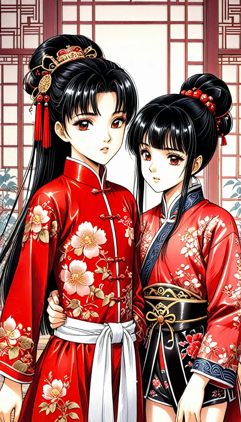 8k Tragic historical drama in live-action style: Beautiful palace secrets　Beautiful Chinese 10 year old Kung Fu girl princess with long black hair gets changed　Gorgeous embroidery, Ultra glossy, She is wearing a shiny red top and bottom long sleeve floral pajama kung fu suit....　　She gets undressed by her mother