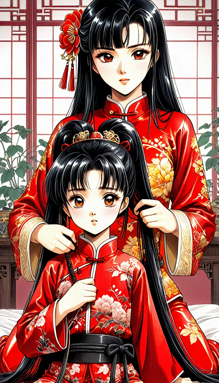 8k Tragic historical drama in live-action style: Beautiful palace secrets　Beautiful Chinese 10 year old Kung Fu girl princess with long black hair gets changed　Gorgeous embroidery, Ultra glossy, She is wearing a shiny red top and bottom long sleeve floral pajama kung fu suit....　　She gets undressed by her mother