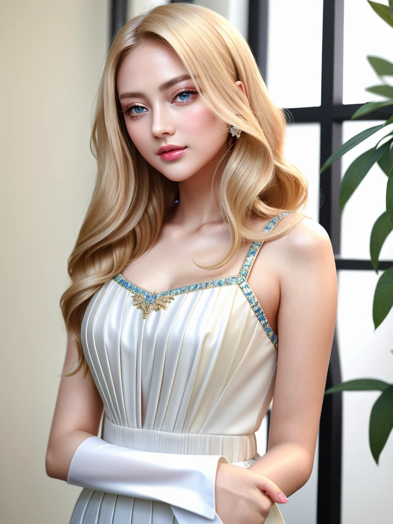 ((highest quality)), ((masterpiece)), (detailed), Single-lens reflex camera、Reality、whole body、wallpaper、Attention to detail、Attention to detail、Serious look、Well-proportioned face、Ultra-high resolution、Ultra HD、Perfect proportions、Tight waist、Blonde Hair、Blue Eyes、Beautiful Hair、Beautiful Skin、Beautiful white skin、Glossy pink lips、Russian Beauty,(masterpiece:1.3), Best image quality: 1.3, Rough hairstyles、Adult sex appeal,Actively moving、Stylish clothes、Beautiful accessories,career woman,beauty secretary