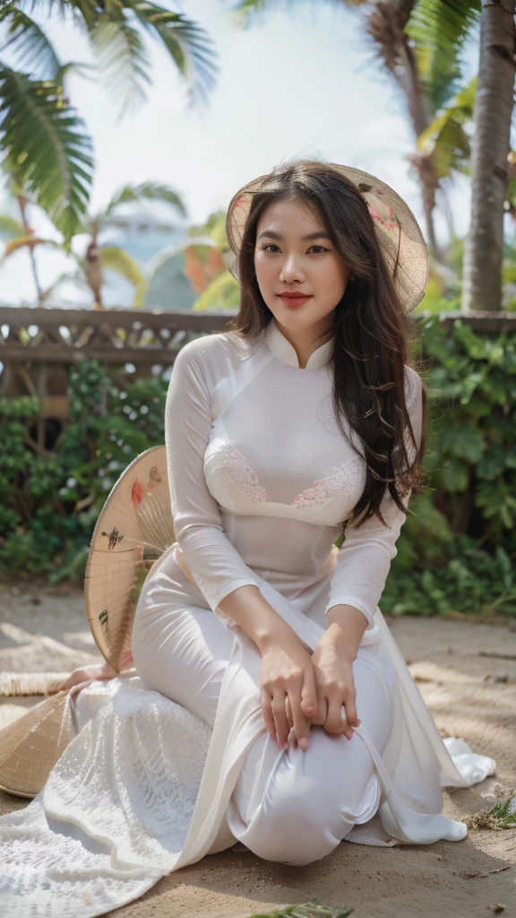 detailed body, attractive body, perfect human body, realistic face,
(ultimate quality, masterpiece, highres:1.0), realistic:1.6, photorealistic,
[8k UHD photos, UHD high quality photos, Super detailed and super clear images],
Close-up of a Vietnamese girl with a beautiful face and balanced body, leggy, round face, big round eyes, Charming smile, Red lips, long curly eyelashes, big dimples, pointed chin, plump face, Her face resembles Tuyet Linh, Tall and plump figure, lace bra inside, lace panty inside,
wearing a bright and shiny white silk ao dai with embroidered flowers, sitting and playing with the sand and ocean waves, pose sexy,
Silk ao dai,