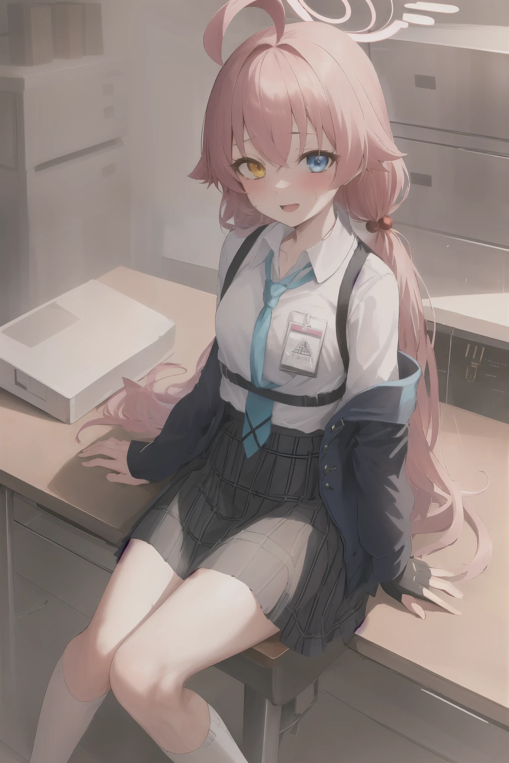 1girl, hoshino (blue archive), solo, heterochromia, pink hair, skirt, long hair, necktie, ahoge, shirt, halo, plaid skirt, blue eyes, plaid, looking at viewer, white shirt, sitting, orange eyes, chest harness, harness, long sleeves, id card, open mouth, very long hair, collared shirt, skirt lifting, sweat body, smile, blue necktie, bangs, feet out of frame, between legs, hand between legs, blush, hair between eyes, highres,masterpiece, best quality