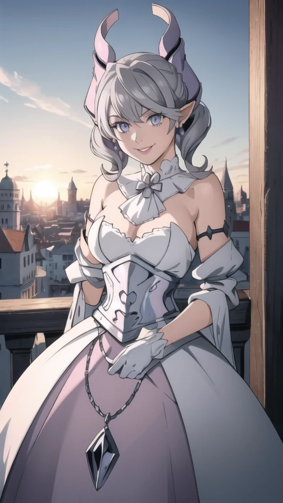 Beautiful arts wallpaper Sunset Outside castle top  High level image quality　best image quality　8K　 adult woman   silver castle outside  more colors   whole body view　portrait　very detailed dress   　horn    ears  　short hair（（shortcut）（gray hair）（perm）（fluffy））　eye color is blue ,  , 　attractive evil face , smile   ,  heroic stance   ,  labrynth ,  barearm  ,gloves   , wearing pink   , standing , 