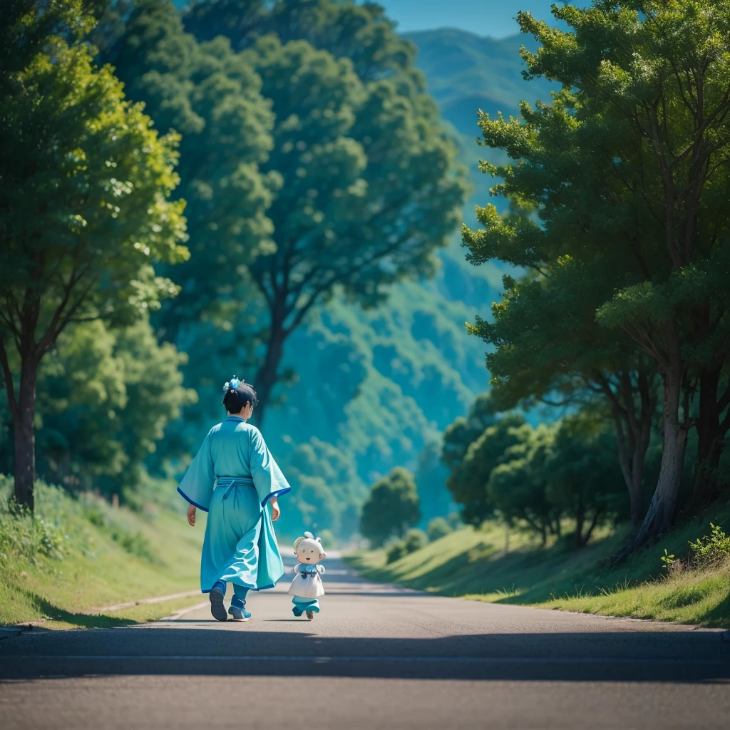 Happy little Taoist priest,Wearing a cyan robe,Walking happily on the road