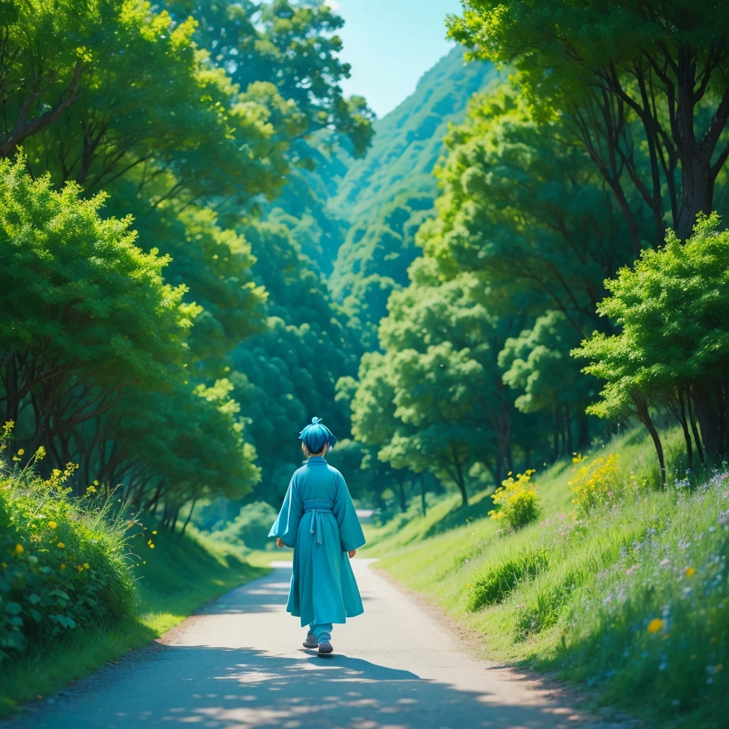 Happy little Taoist priest,Wearing a cyan robe,Walking happily on the road