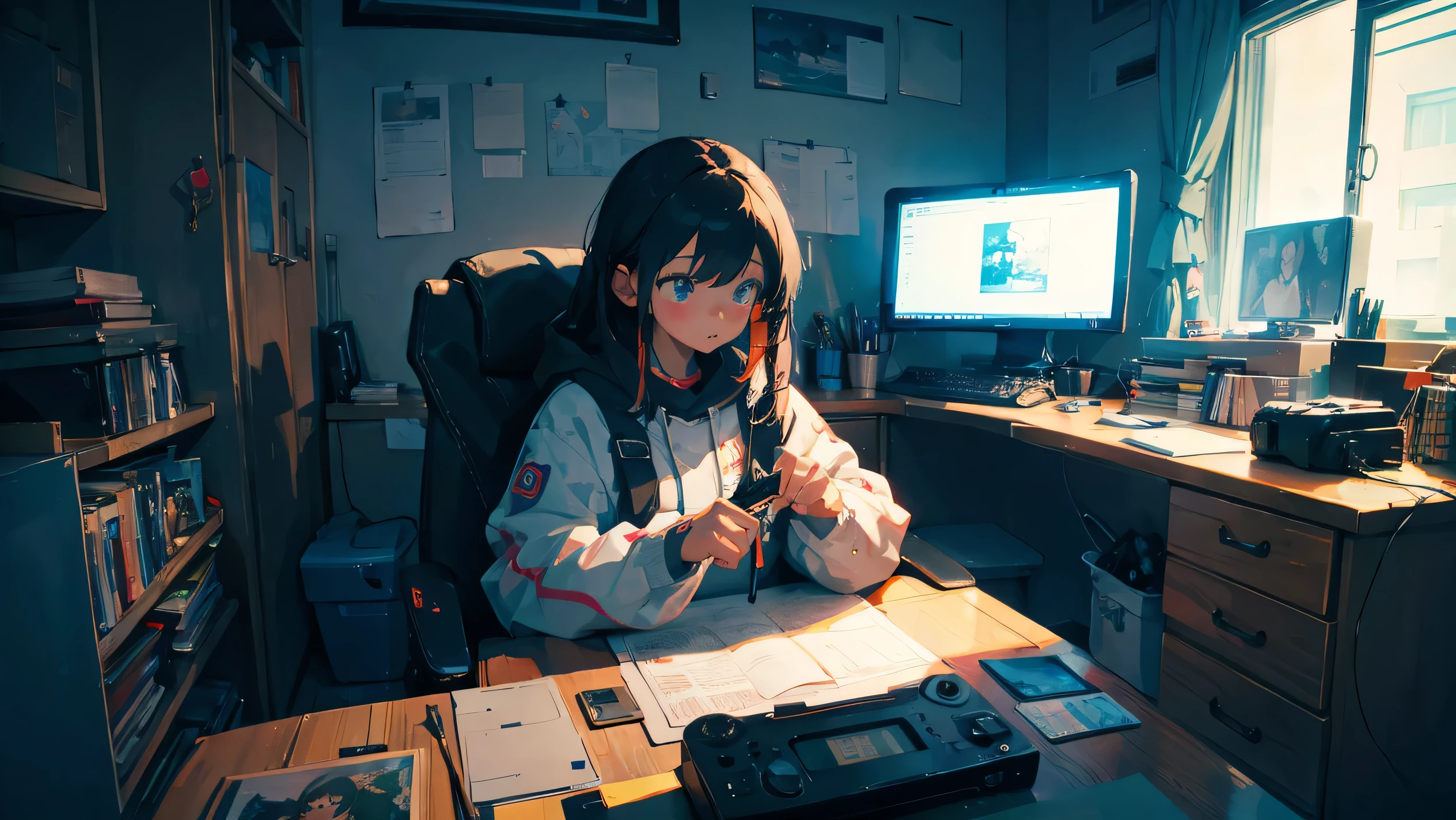 high resolution,High definition,high quality,Girl playing games,gaming computer,Erogeo Art Style, Arte Roffie, zero vibrations, Hip Hop Lofi,aesthetic, Lo-fi art, Lo-fi illustration style, zero, Portrait of Roffey, vibe zero, zero, Chill Hop, Anime Aesthetics,japanese style,