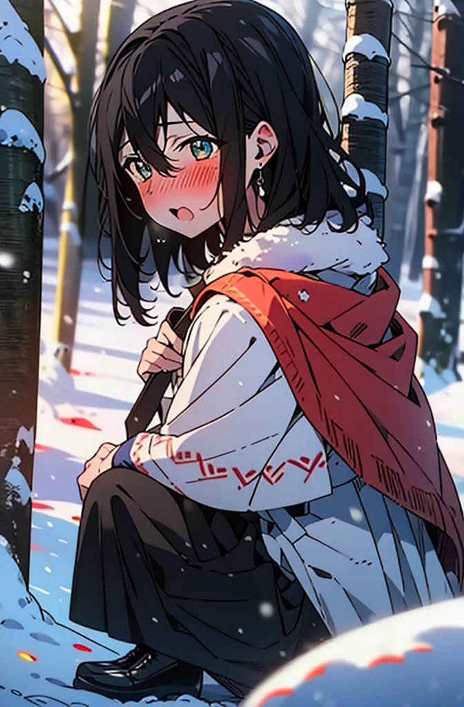Himeragi Yukina, Brown eyes, Black Hair, Hair between the eyes, Medium Hair, Medium chest,blush,White Breath,
Open your mouth,snow,Ground bonfire, Outdoor, boots, snowing, From the side, wood, suitcase, Cape, Blurred, forest, White handbag, nature, Squat, Mouth closed, Cape, winter, Written boundary depth, Black shoes, red Cape break looking at viewer, Upper Body, whole body, break Outdoor, forest, nature, break (masterpiece:1.2), Highest quality, High resolution, unity 8k wallpaper, (shape:0.8), (Beautiful and beautiful eyes:1.6), Highly detailed face, Perfect lighting, Extremely detailed CG, (Perfect hands, Perfect Anatomy),