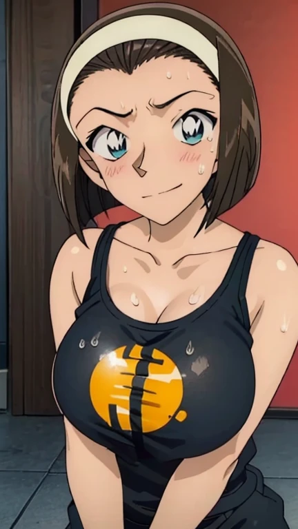 Looking into the camera、When I Look at You、lookatviewer、Anime Style、Eroge、1 Girl, (Huge breasts:1.3), (Wear a black camisole dress over a tight white knit top)、Low Angle、Brown haired, hair band、Bob Hair、The forehead is visible、blush, , Upper Body,Round Breasts、smile、(Sweat:1.5)、In the heat、moisture、Troubled face、(((I wear clothes)))、Tight waist