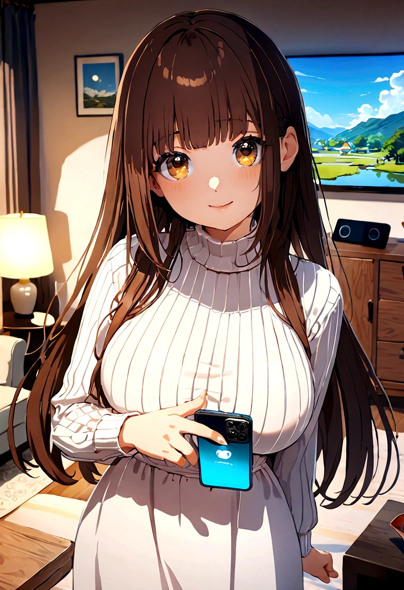 ((1girl)),  super fine illustration, vibrant colors, absurdres extremely detailed CG, 8k wallpaper, (masterpiece:1.3), dynamic angle, dynamic pose, 
best quality, depth of field, cinematic lighting, ultra detailed, brown long hair, very straight hair, large breast, white knit dress , 20yo, cute, very , brown eyes, kawaii, smile, droopy eyes, arms at sides, smartphone, modern living room, peace fingers, The screen of the smartphone in his hand is facing towards me