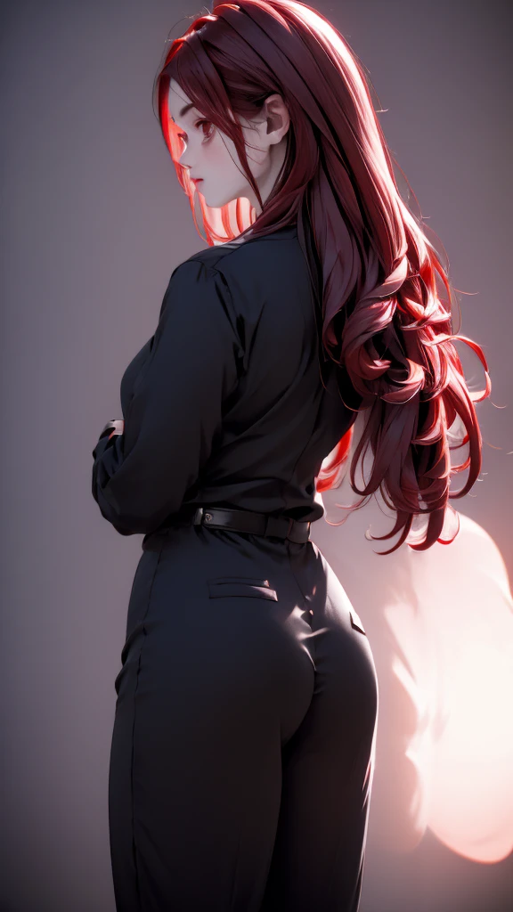 1 Girl, medium light Red hair, light black eyes , wearing black Suit 4D , night TOWN , high res, ultrasharp, 8K, masterpiece, looking from behind 