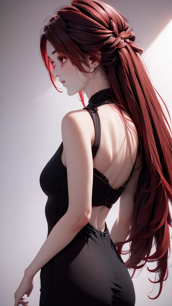 1 Girl, medium light Red hair, light black eyes , wearing black Suit 4D , night TOWN , high res, ultrasharp, 8K, masterpiece, looking from behind