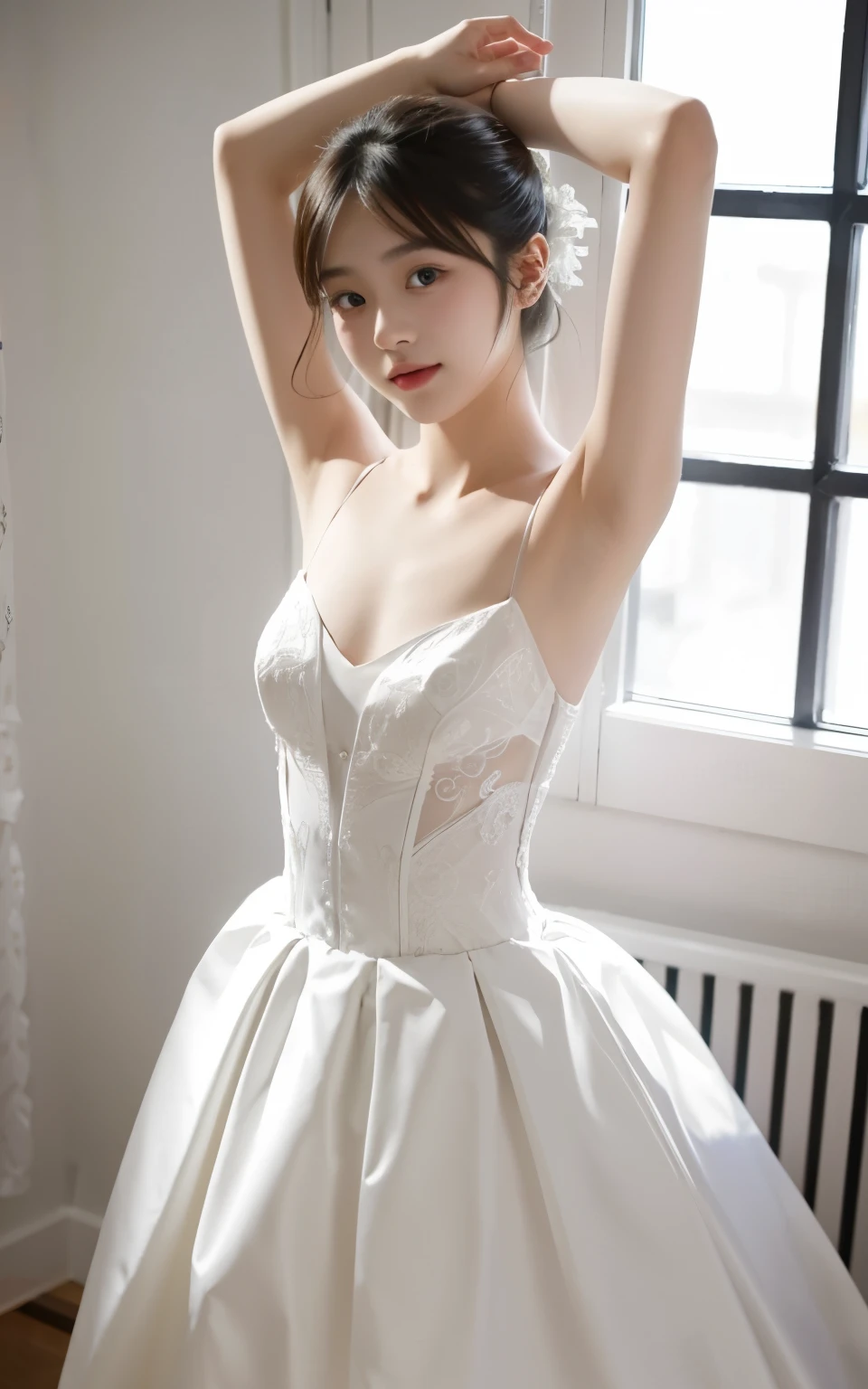 Beautiful 20 year old woman。She wears a wedding dress. She stretches her arms out like a ballet dancer.. She's smiling in the church lights at night . Romantic Sunset. Her dark brown hair. High resolution、masterpiece、Highest quality、頭w:1.0、((Hasselblad Photos))、Fine skin、(Cinema Lighting)、clavicle . Full body photo.