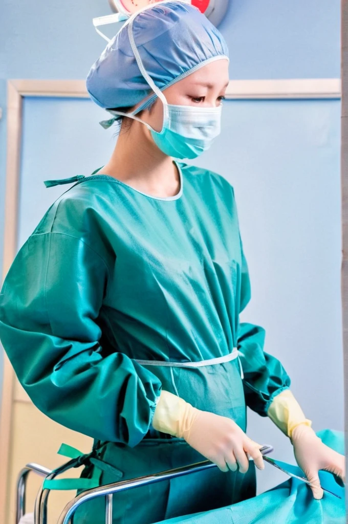score_9,  score_8_up, score_7_up, masterpiece, highest quality, kasuganoray, pale skin, shy eyes, cover the ears, , surgical mask, surgical cap, long sleeve surgical gown, no straps,
1 girl, pregnant, solo, rubber gloves, frown,  standing, in one hospital, hospital bed, 