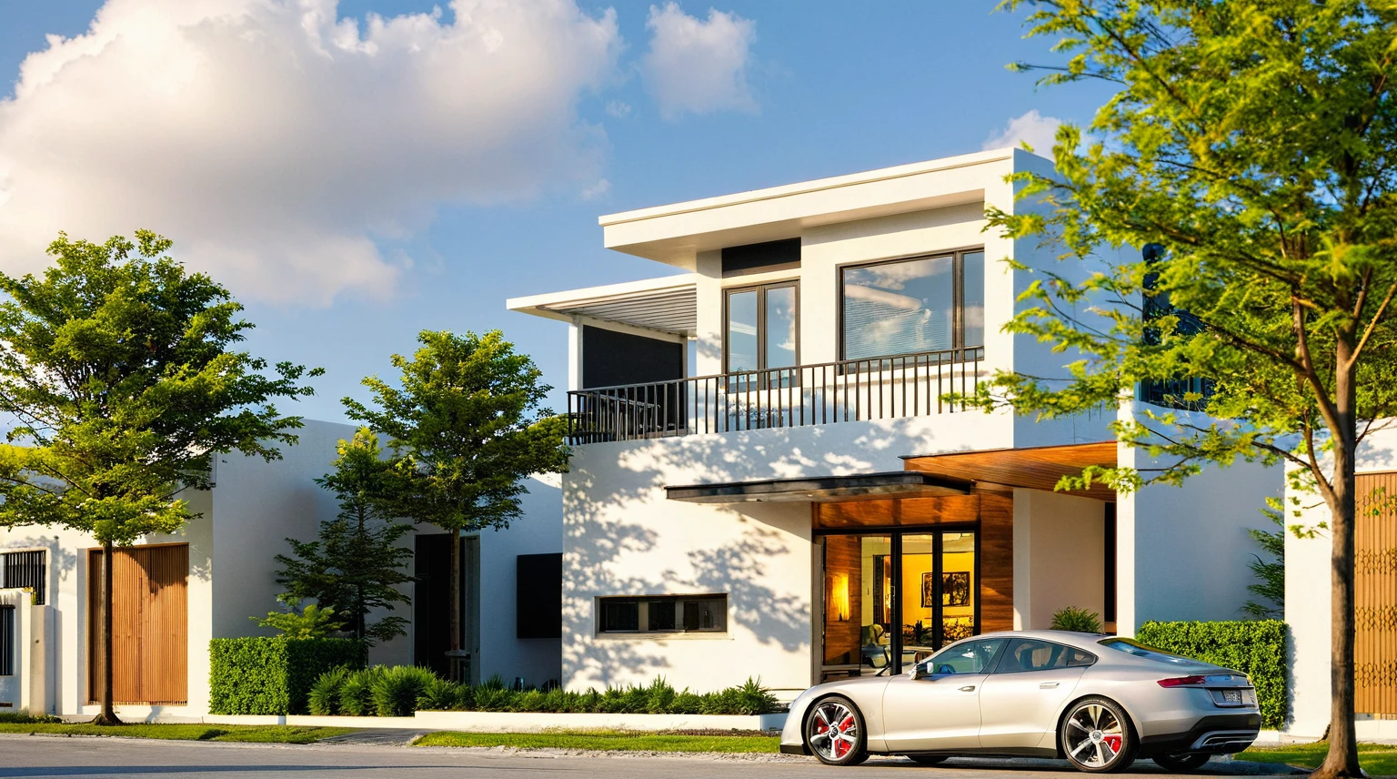 Masterpiece, high quality, best quality, authentic, super detail, outdoors, onestoreyvillaXL, aiaigroup, house style modern on the street ,stairs, white wall ,road,pavement, grass, trees, sky, cloud, (daylight:1.1),((pool front of villa))