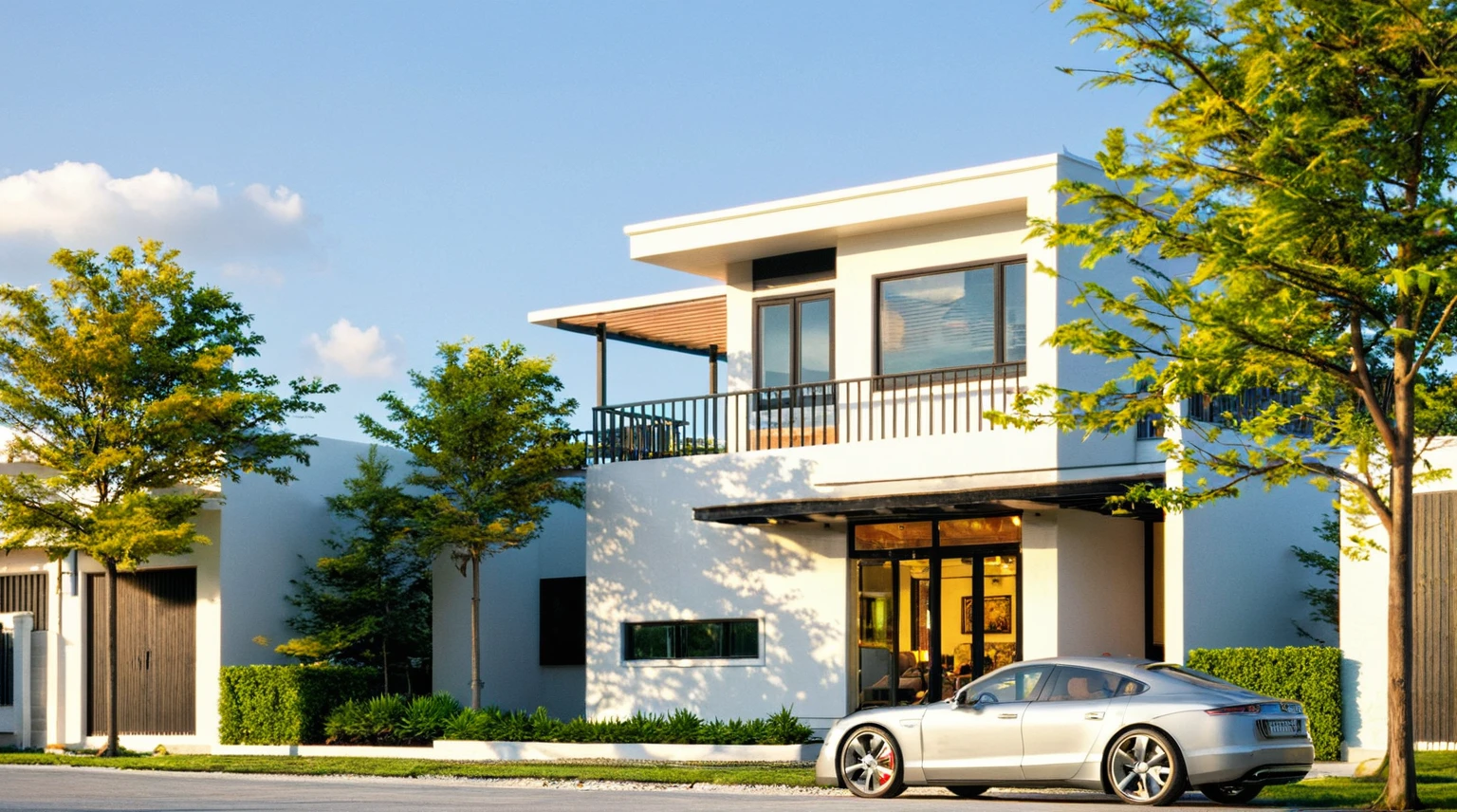 Masterpiece, high quality, best quality, authentic, super detail, outdoors, onestoreyvillaXL, aiaigroup, house style modern on the street ,stairs, white wall ,road,pavement, grass, trees, sky, cloud, (daylight:1.1),((pool front of villa))