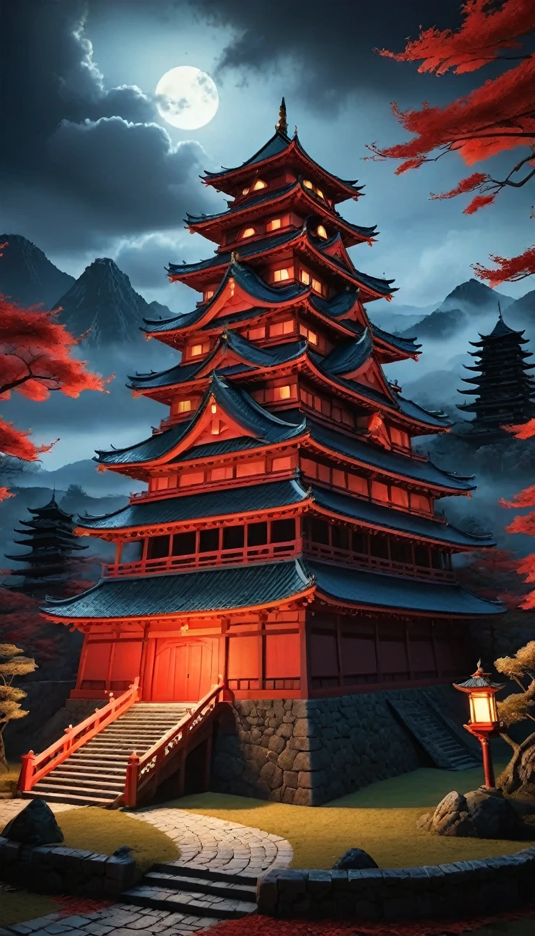 A scary castle in red and black，Best image quality，Resolution is 4K or 8K，Capture every detail perfectly。The pictures are very detailed，Presented in a realistic way，Delivering a truly immersive experience。This work combines illustration techniques with 3D rendering..，Visually stunning、A work of excellent craftsmanship。Bright colors，Enhance the surreal atmosphere of the landscape。The lighting design is very detailed，Expressing complex changes in light and shadow，Add layers and depth to your scenes。This work arouses curiosity and awe in the viewer.。A Japanese castle with a wooden motif、Scary atmosphere