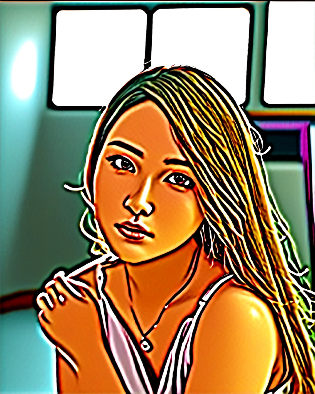 Create a 3D cartoon caricature image of an AI-generated 20 year old Asian girl with the following characteristics: Oval face with a soft chin, Large almond-shaped eyes with dark irises, Small straight nose with a smooth tip, Long light brown hair, straight with a slight wave at the end, Small thick and straight eyebrows, lips with a bright natural color, Wearing a light blue tank top with a white dolphin design on the front. Wearing a small necklace with a round pendant. 3D,UHD,masterpiece