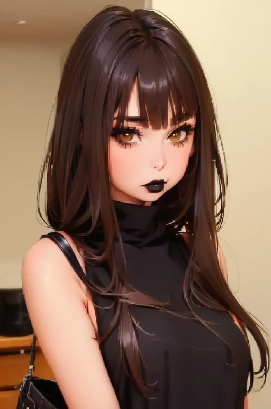 wide hips, (best quality, masterpiece:1.2), (((young girl))), beautiful face, RileyReid, inside a house, black sweater, oversized sweater dress, goth girl, ((heavy makeup)), (((black lipstick))), long nails. black polish nails, (((small breasts))), ((thick tighs)), young sensual gravure idol, (((face))), (tan skin), ((hime haircut)), ((bags under eyes)), ((black eyeshadow)), ((small girl)), ((snappy bangs)), blurred background