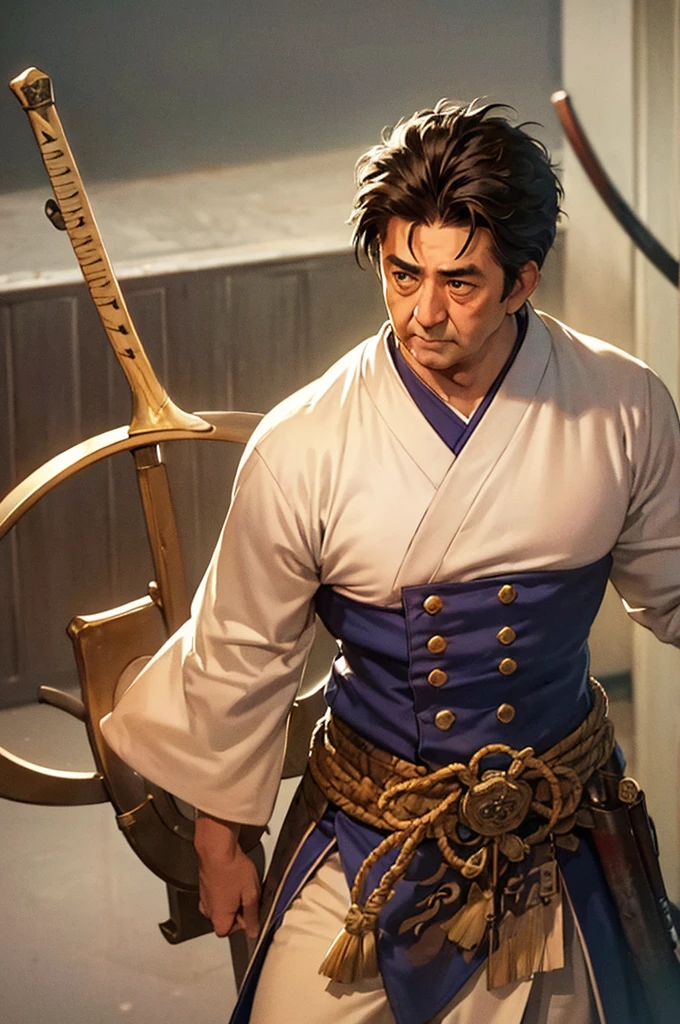 Highest quality，High resolution，((Shinzo Abe)) ，Kenshiro，Fist of the North Star，samurai，One person，warrior，armor，（dark blue_coat），male，One personで，Middle Age，（face_Wrinkles），Swordsman，strongest，Anime Style，(Limbs)，(Full Finger)，(Accurate fingertips), (The finer details), (Super detailed)，(Japanese sword:)，4K，(high resolution)，whole body, (Front angle), Looking at the camera,masterpiece，(Subtle details)，(Intricate details)，Octane Rendering，(Hyper Detail)，