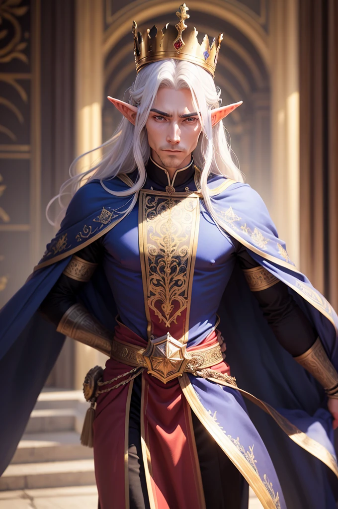 male elf, 40 anos, longye hair, beautiful face, serious expression, defined body, silk clothing, crown on head, Royal Palace.