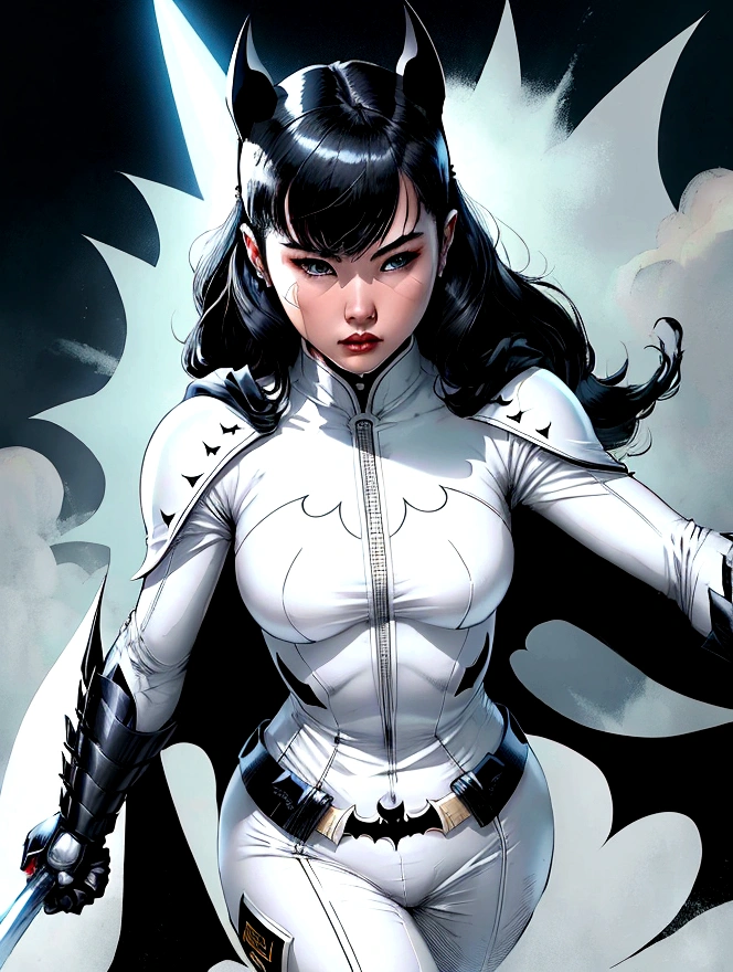 superhero, modern super hero costume, white bat costume, style like the black mouse suit and the Batman suit, white suit for girl, ninja, with a Chinese sword, Beautiful Chinese woman, Chinese woman with bangs, courageous character, Kind, Brave, determination, on the battlefield