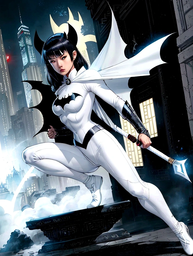 superhero, modern super hero costume, white bat costume, style like the black mouse suit and the Batman suit, white suit for girl, ninja, with a Chinese sword, Beautiful Chinese woman, Chinese woman with bangs, courageous character, Kind, Brave, determination, on the battlefield