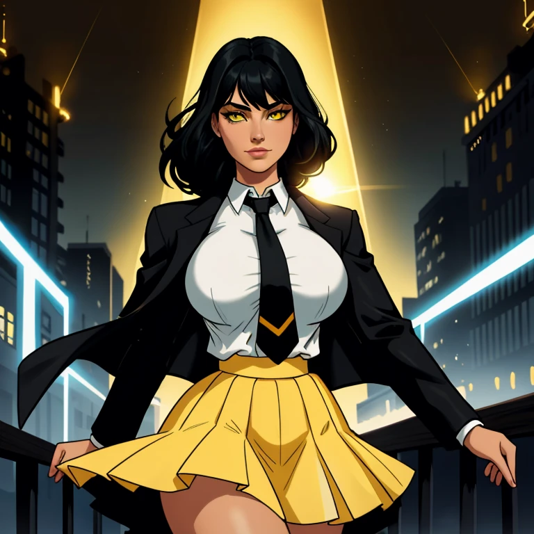 1girl, intricate detail, masterpiece, best quality, extremly detailed,cinematic lighting, beautiful detailed glow, finely detailed beautiful face and eyes, 8k, dark intense shadows, yellow eyes, medium hair, black hair, bangs, floating hair, black jacket, open jacket, white shirt, expressionless, yellow necktie, black lifting skirt, spotlight, sunshine, sunrise, gradient sky, city, lens flare, cowboy shot, [[curvy]], [mature female]