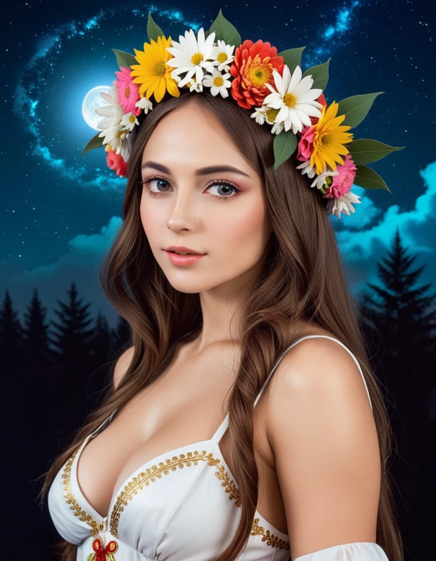 woman with a flower crown on her head and against the background of the night sky, in Russian folk style, portrait of a beautiful goddess, beautiful fantasy art portrait, beautiful goddess, beautiful fantasy girl, Beautiful girl, The mythology of the goddess of the earth, beautiful fantasy portrait, flower goddess, she has a wreath of flowers, beautiful fantasy art, beautiful gorgeous digital art, in Russian folk dress