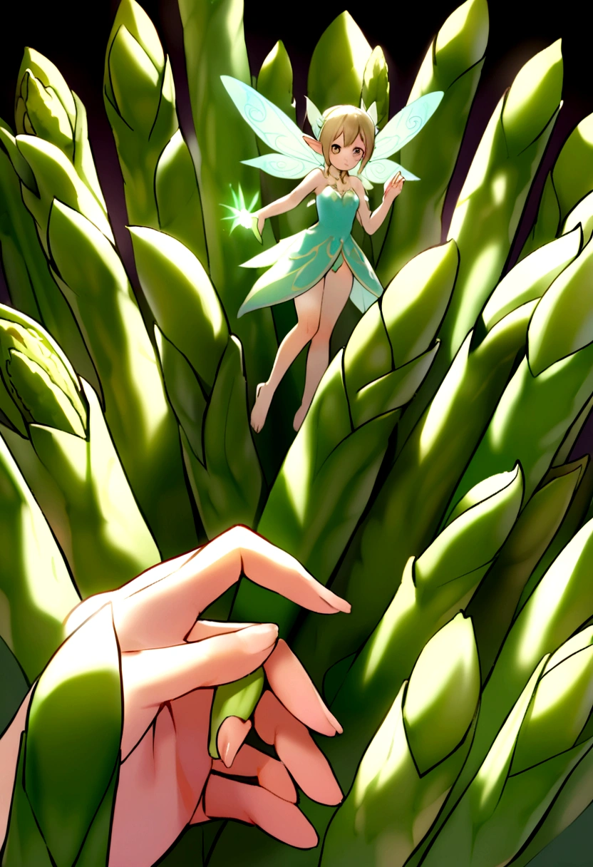 a fairy flying over a pile of  Asparagus, holding one  Asparagus on her hand