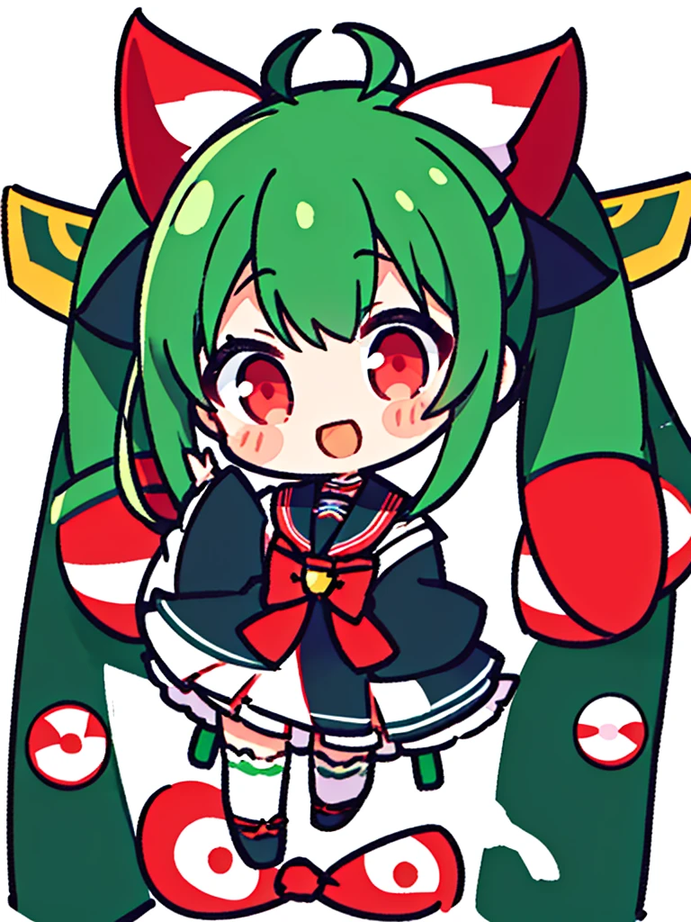 White background、Japan anime illustrations、Small illustration、SD Character、girl、Green Hair、Twin tails、Red Eyes、Black Sailor Suit、smile、Super Deformed Characters、デフォルメされたgirl