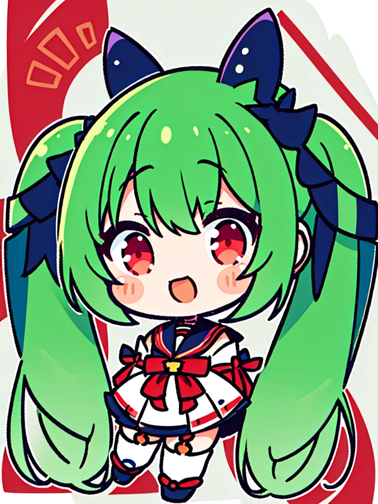 White background、Japan anime illustrations、Small illustration、SD Character、girl、Green Hair、Twin tails、Red Eyes、Black Sailor Suit、smile、Super Deformed Characters、デフォルメされたgirl