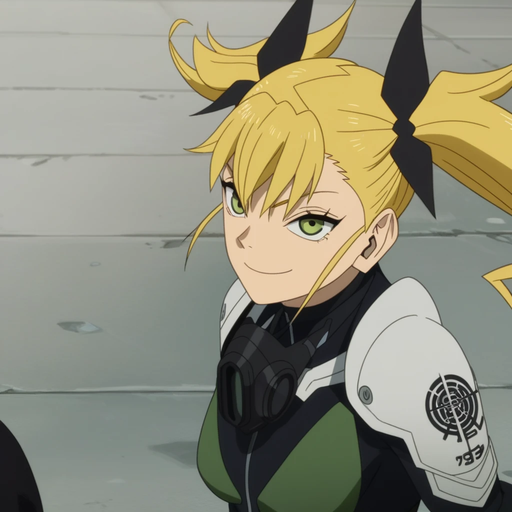 score_9, score_8_up, score_7_up, score_6_up, score_5_up, score_4_up, source_anime, anime screencap, anime coloring, kikoru, 1girl, blonde hair, twintails, green eyes, hair ribbon, black ribbon, bangs, bodysuit, armor, upper body, smile