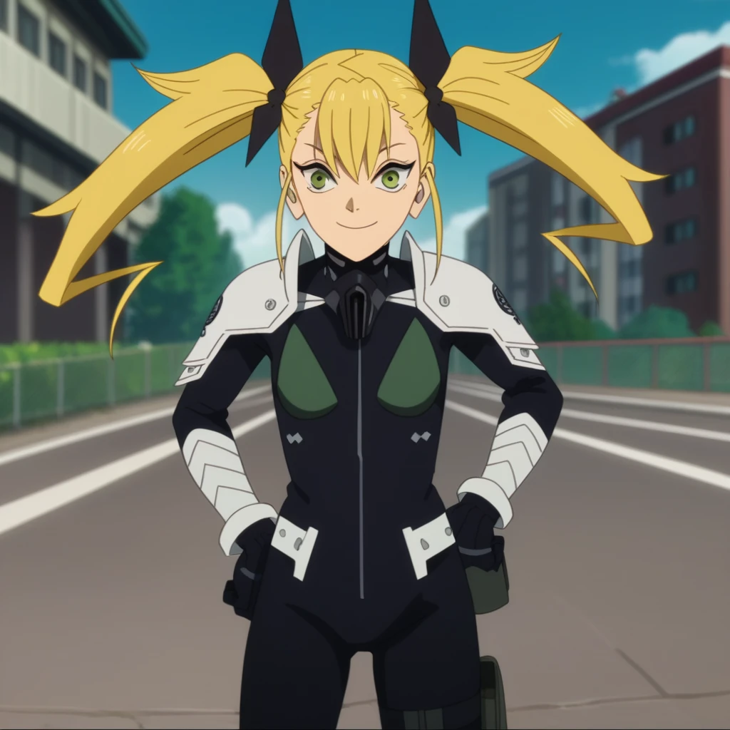 score_9, score_8_up, score_7_up, score_6_up, score_5_up, score_4_up, source_anime, anime screencap, anime coloring, kikoru, 1girl, blonde hair, twintails, green eyes, hair ribbon, black ribbon, bangs, bodysuit, armor, upper body, smile