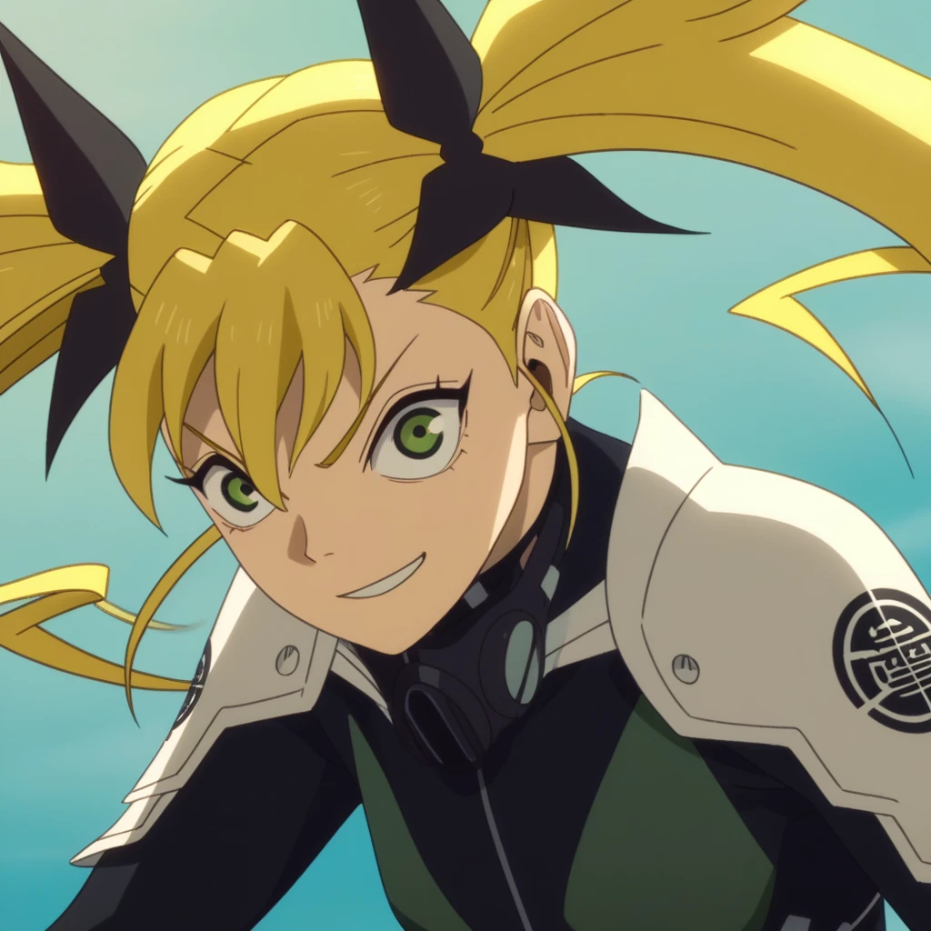 score_9, score_8_up, score_7_up, score_6_up, score_5_up, score_4_up, source_anime, anime screencap, anime coloring, kikoru, 1girl, blonde hair, twintails, green eyes, hair ribbon, black ribbon, bangs, bodysuit, armor, upper body, smile