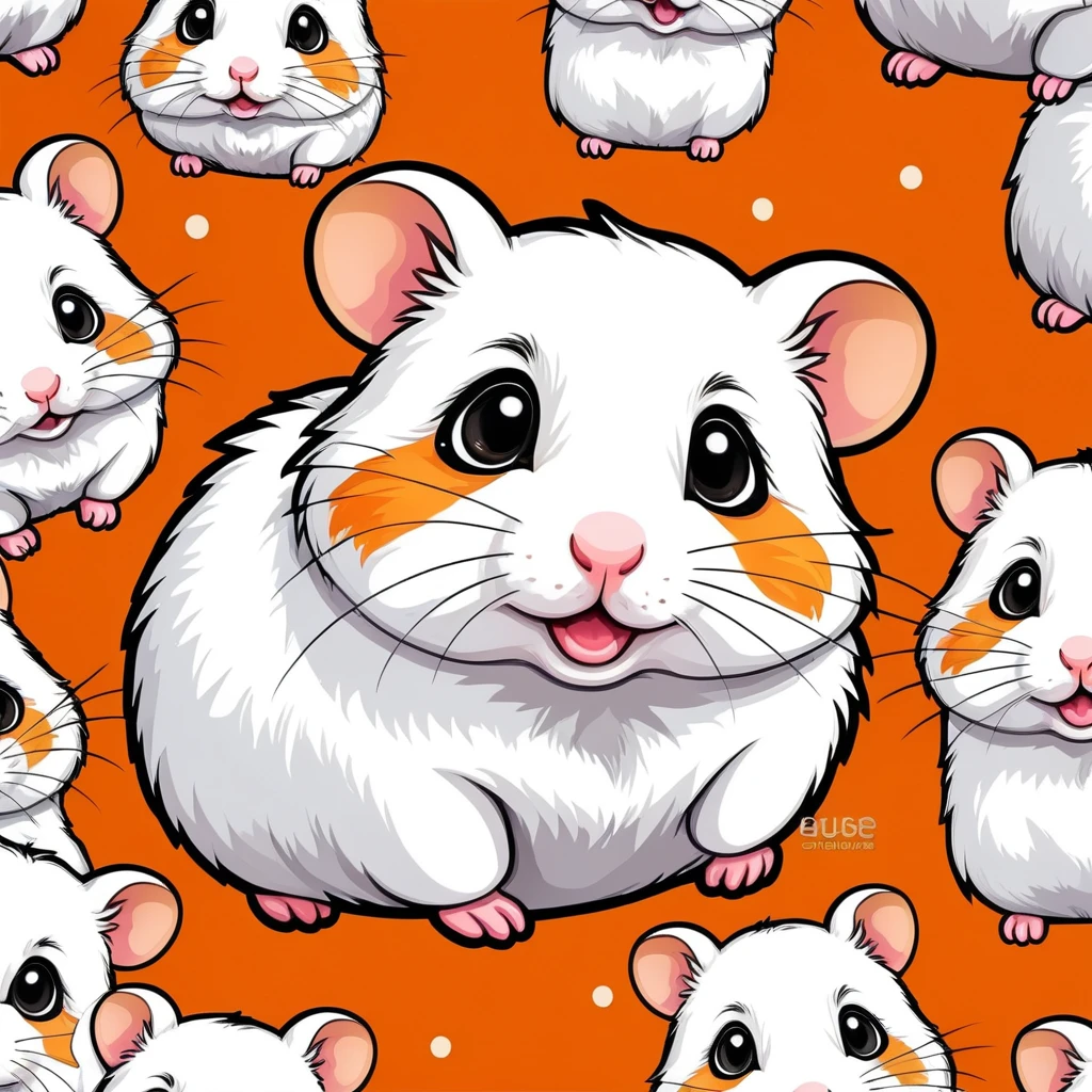 Fabric Sticker Design for clothes, cartoon hamster, hamster clothing sticker, orange color, fluffy, baby face, black eyes, high definition, high detail, cartoon style