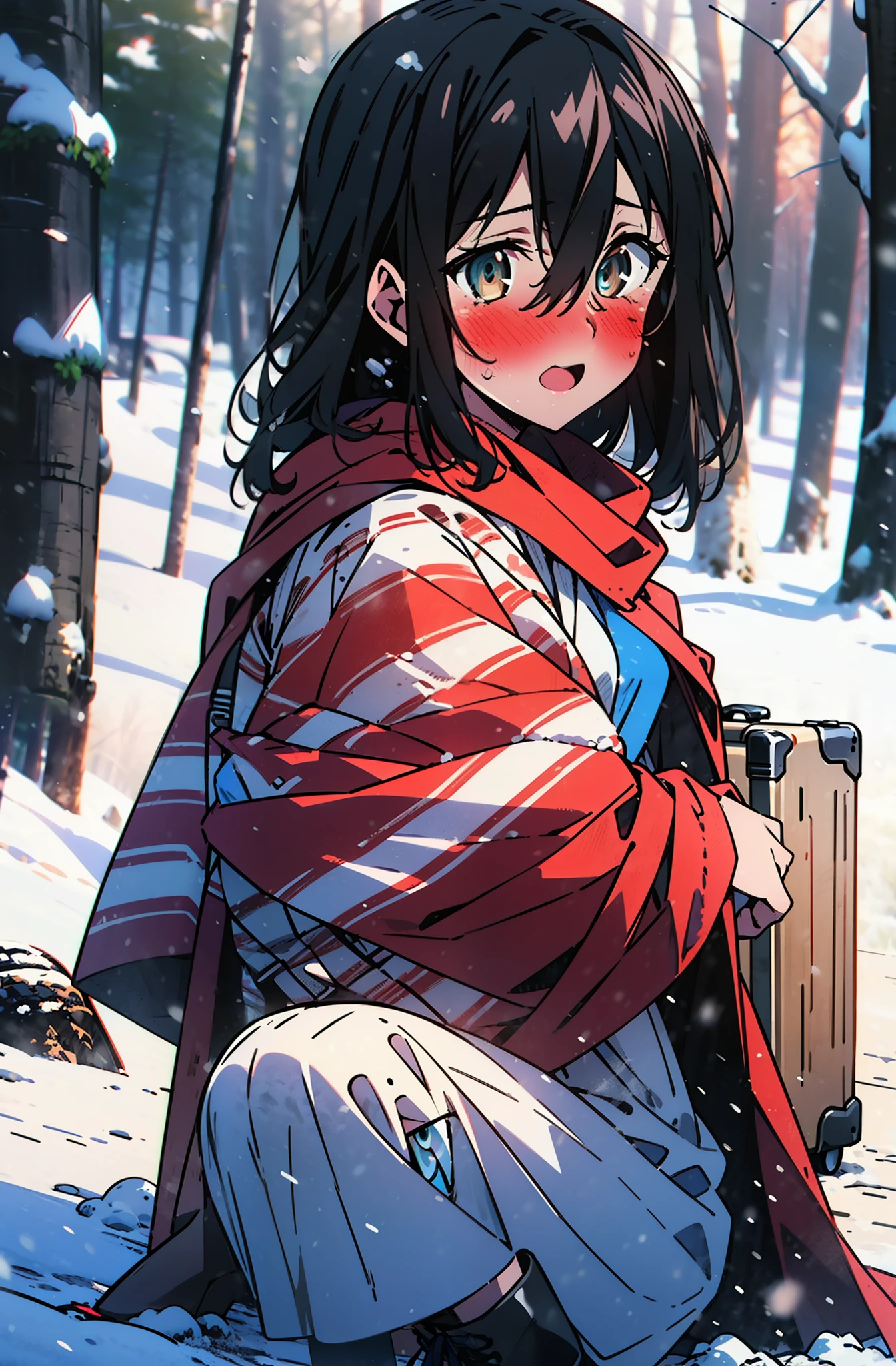 Himeragi Yukina, Brown eyes, Black Hair, Hair between the eyes, Medium Hair, Medium chest,blush,White Breath,
Open your mouth,snow,Ground bonfire, Outdoor, boots, snowing, From the side, wood, suitcase, Cape, Blurred, forest, White handbag, nature, Squat, Mouth closed, Cape, winter, Written boundary depth, Black shoes, red Cape break looking at viewer, Upper Body, whole body, break Outdoor, forest, nature, break (masterpiece:1.2), Highest quality, High resolution, unity 8k wallpaper, (shape:0.8), (Beautiful and beautiful eyes:1.6), Highly detailed face, Perfect lighting, Extremely detailed CG, (Perfect hands, Perfect Anatomy),