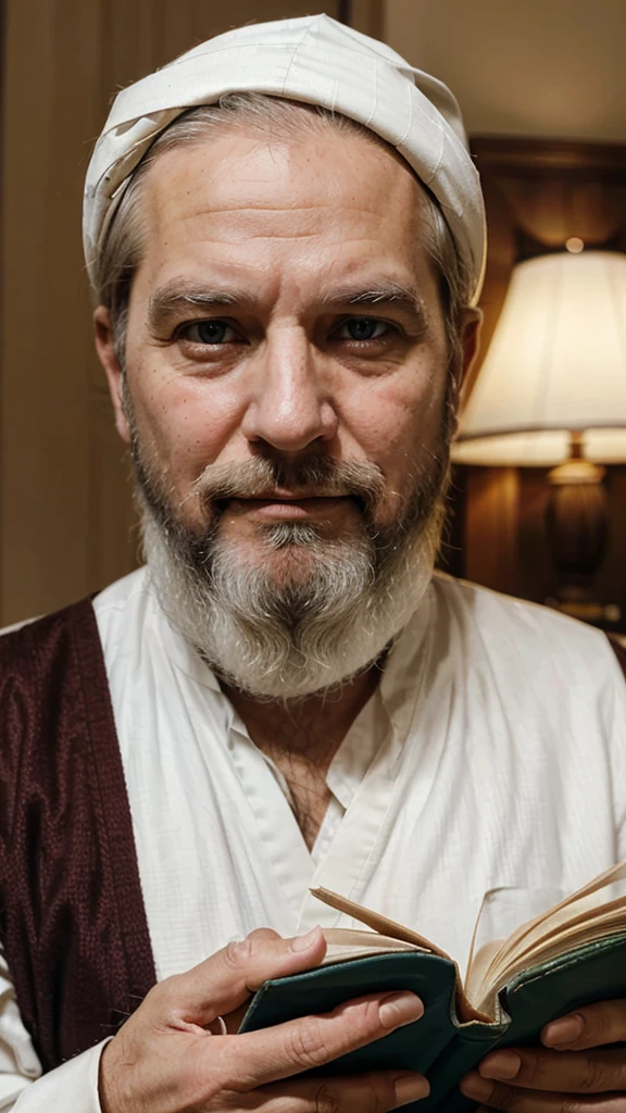 white skinned affectionate lively bearded robed face-facing man with koran in his hand looking straight at a real photo