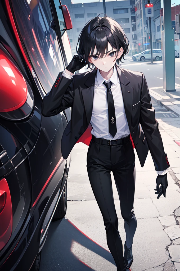 18-year-old boy,Fair skin,cute,Wear a white long-sleeved shirt with a black jacket and a black work tie,Wear black pants,Wear black booties,Wear white gloves,Wear a collar,black hair,black eyes,Very thin waist,Very thin legs,Handsome,Expression of disdain and indifference