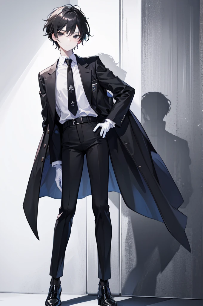 18-year-old boy,Fair skin,cute,Wear a white long-sleeved shirt with a black jacket and a black work tie,Wear black pants,Wear black booties,Wear white gloves,Wear a collar,black hair,black eyes,Very thin waist,Very thin legs,Handsome,Expression of disdain and indifference