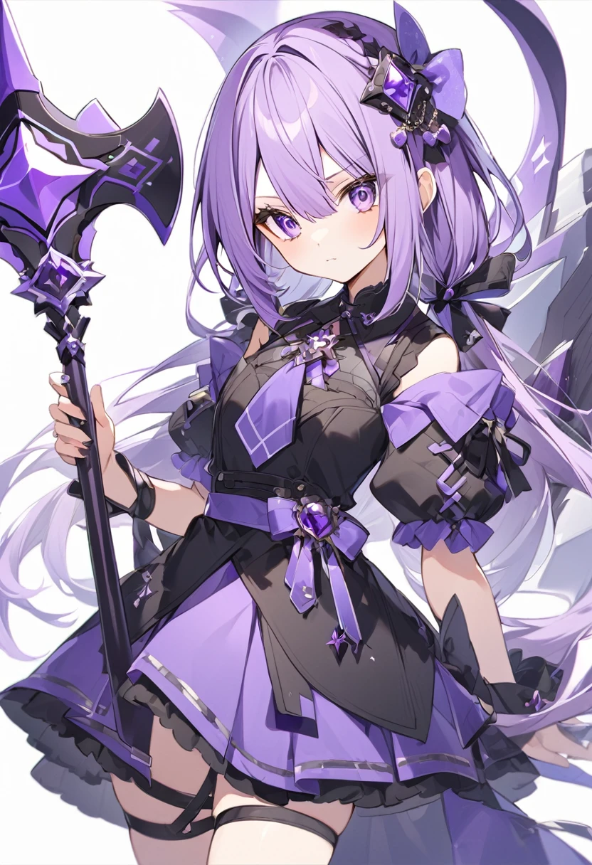 Keito。Purple Eyes。Purple Hair。Purple big axe。Amethyst hair accessory