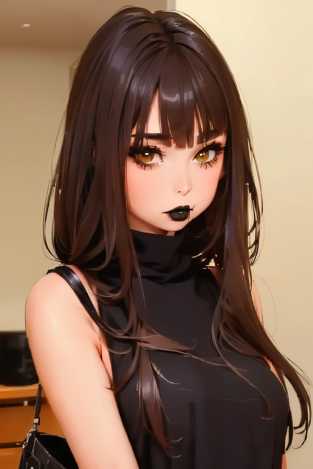 wide hips, (best quality, masterpiece:1.2), (((young girl))), beautiful face, RileyReid, inside a house, black sweater, oversized sweater dress, goth girl, ((heavy makeup)), (((black lipstick))), long nails. black polish nails, (((small breasts))), ((thick tighs)), young sensual gravure idol, (((face))), (tan skin), ((hime haircut)), ((bags under eyes)), ((black eyeshadow)), ((small girl)), ((snappy bangs)), blurred background