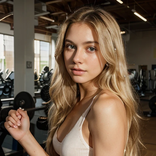 photorealisti of a sexy 21-year-old Colombian girl at the gym, with long, flowing blond hair and striking pale eyes and an angel's face. She should have a natural, approachable expression and be lit by soft, golden light.