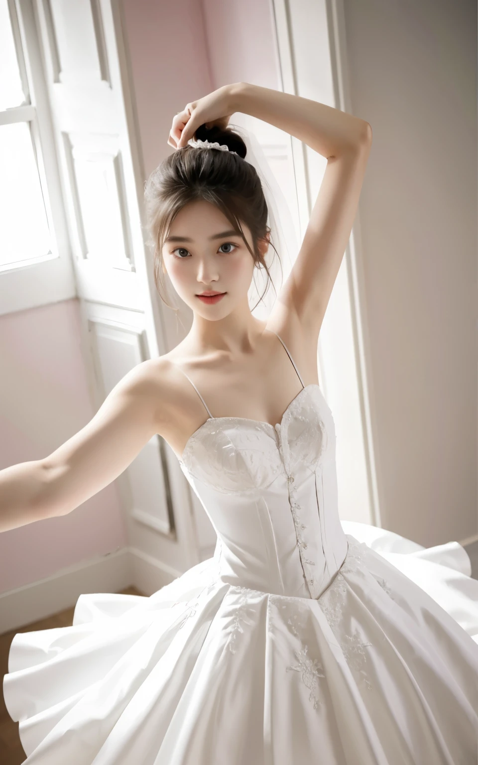 Beautiful 20 year old woman。She wears a wedding dress. She stretches her arms out like a ballet dancer.. She's smiling in the church lights at night . Romantic Sunset. Her dark brown hair. High resolution、masterpiece、Highest quality、頭w:1.0、((Hasselblad Photos))、Fine skin、(Cinema Lighting)、clavicle . Full body photo.