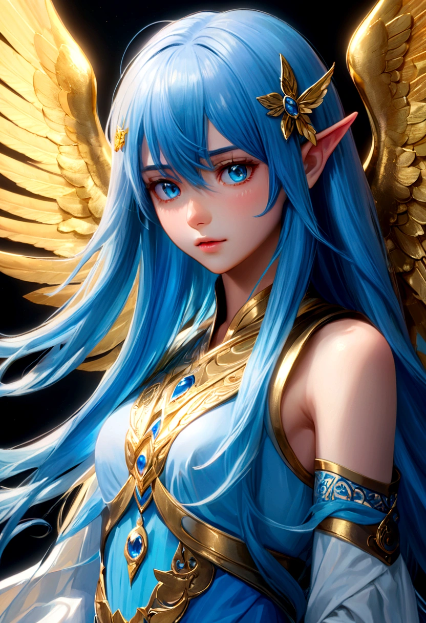 Rimuru Tempest, blue long hair, golden eyes, androgynous appearance, highly detailed illustration, beautiful lighting, (best quality,4k,8k,highres,masterpiece:1.2),ultra-detailed,(realistic,photorealistic,photo-realistic:1.37), soft colors, draw art, fantasy character, cinematic lighting, wings pose, ethereal, elegant, mystical