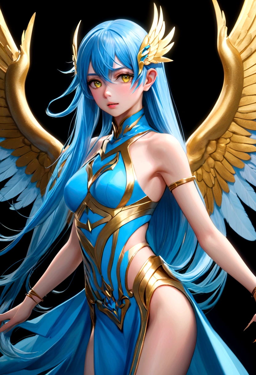 Rimuru Tempest, blue long hair, golden eyes, androgynous appearance, highly detailed illustration, beautiful lighting, (best quality,4k,8k,highres,masterpiece:1.2),ultra-detailed,(realistic,photorealistic,photo-realistic:1.37), soft colors, draw art, fantasy character, cinematic lighting, wings pose, ethereal, elegant, mystical