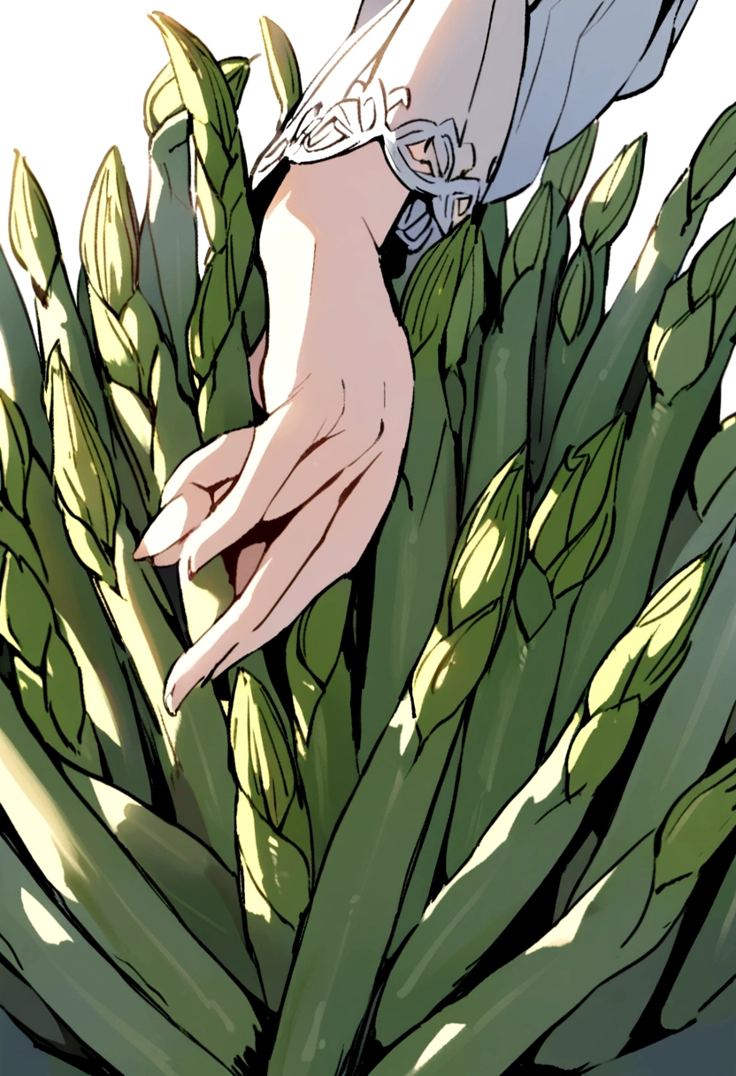 a fairy flying over a pile of  Asparagus, holding one  Asparagus on her hand