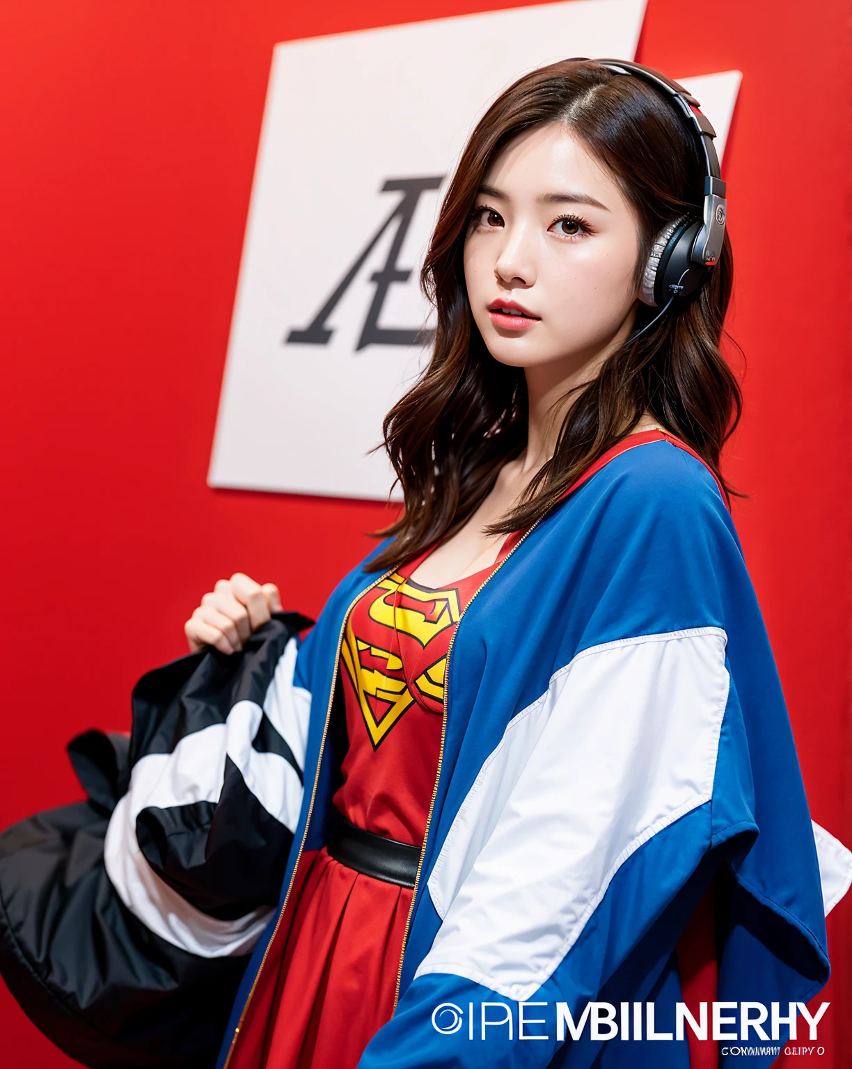 Realistic, 8K, masterpiece, RAW Photos, Highest quality, Realistic, 非常に詳細な CG Unity 8K 壁紙, Written boundary depth, Cinematic Light, Lens flare, Ray Tracing, Perfect lighting,short hair, (Delicate skin), (Delicate face), (Pop Background :1.1), Person standing and watching、Comical movement,1 female,Supergirl Costume、Headphones,(Red Background),Modern Style,Artistic,mobile composition,Unique Pattern,Bold Texture,colorful,Imaginative,Whimsical,Vibrant,like々Shii,Playful,Vibrant,creative,Expressive,stylish,tendency,One Girl,Holding a Japanese sword、A poster of the manga AKIRA
