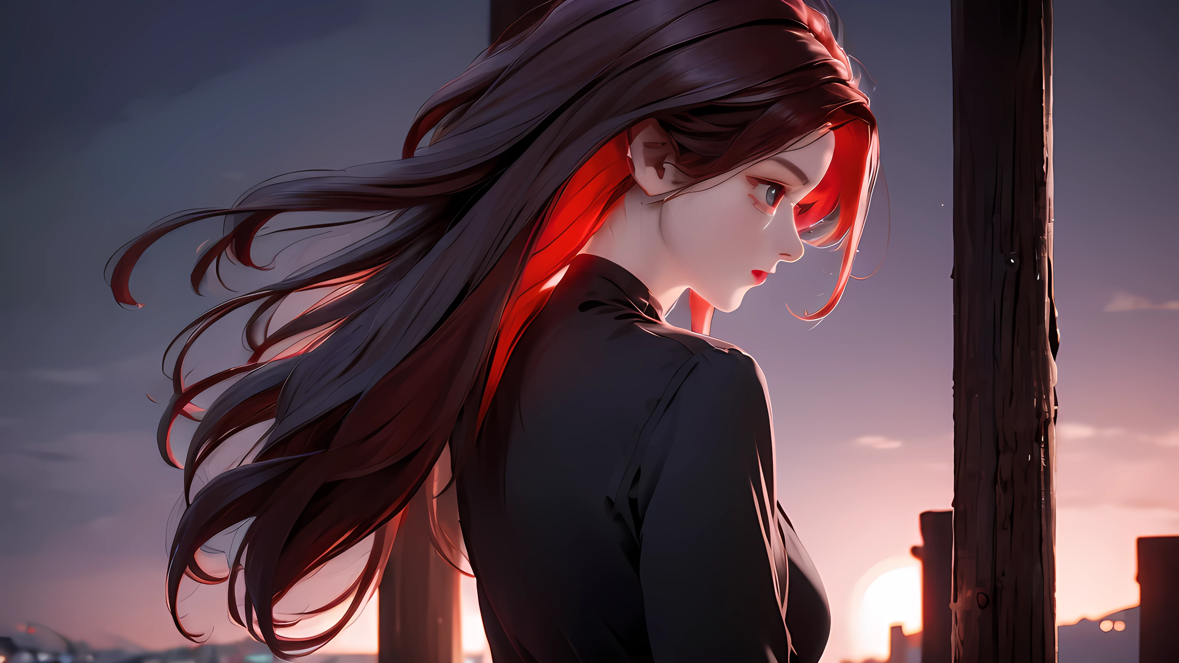 1 Girl, medium light Red hair, light black eyes , wearing black Suit 4D , night TOWN , high res, ultrasharp, 8K, masterpiece, looking from behind